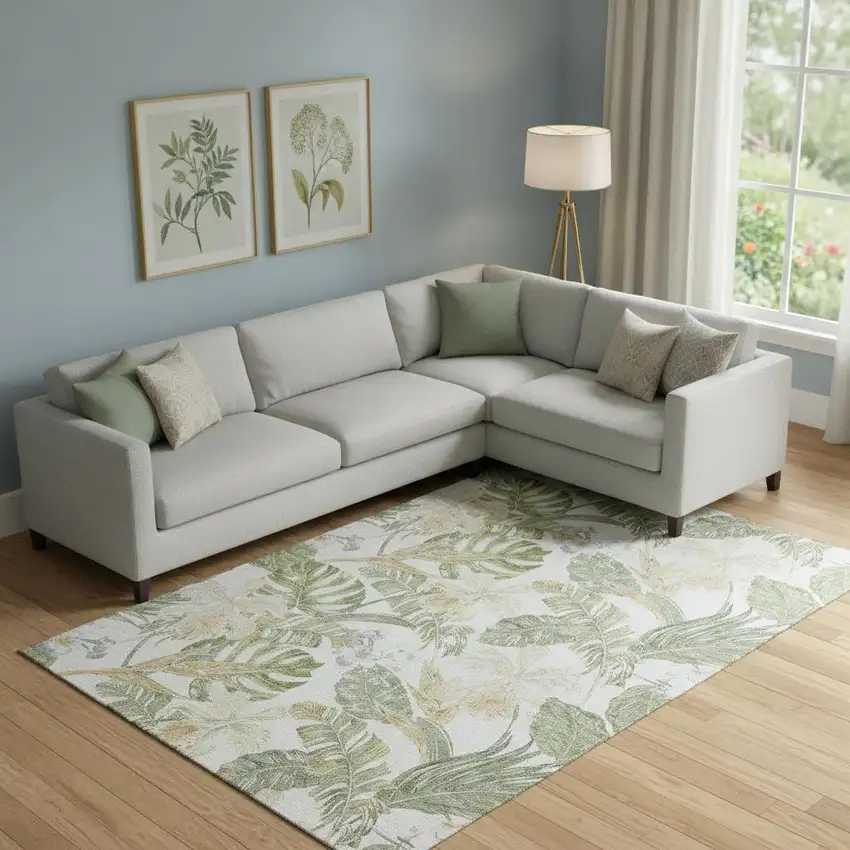 Ivory Green And Beige Floral Washable Area Rug With UV Protection Photo 2