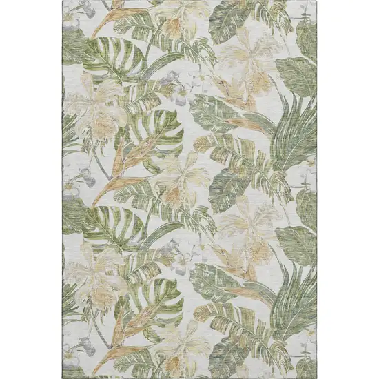 Ivory Green And Beige Floral Washable Area Rug With UV Protection Photo 1