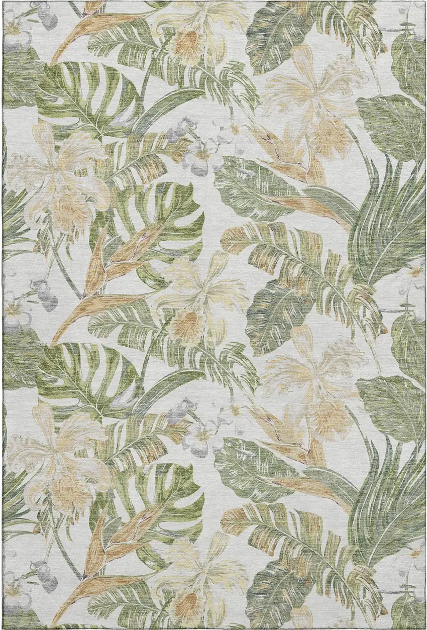 Ivory Green And Beige Floral Washable Area Rug With UV Protection Photo 1