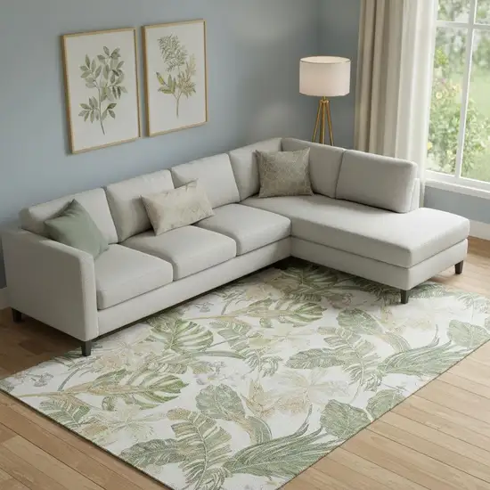 Ivory Green And Beige Floral Washable Area Rug With UV Protection Photo 2