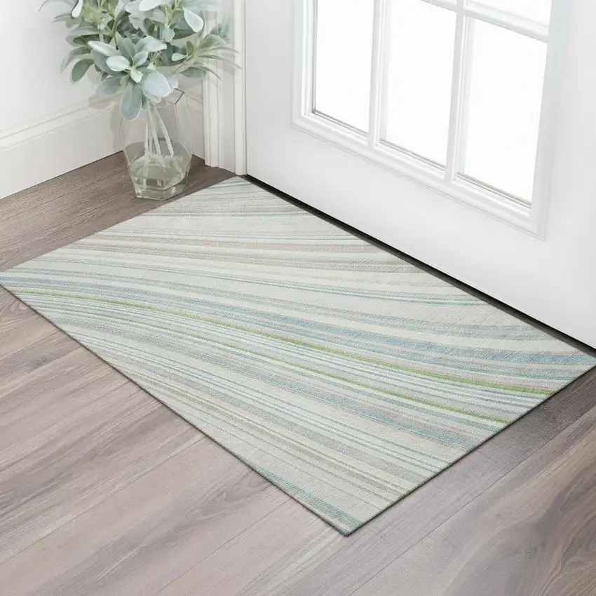 Ivory Green And Beige Striped Washable Area Rug With UV Protection Photo 2