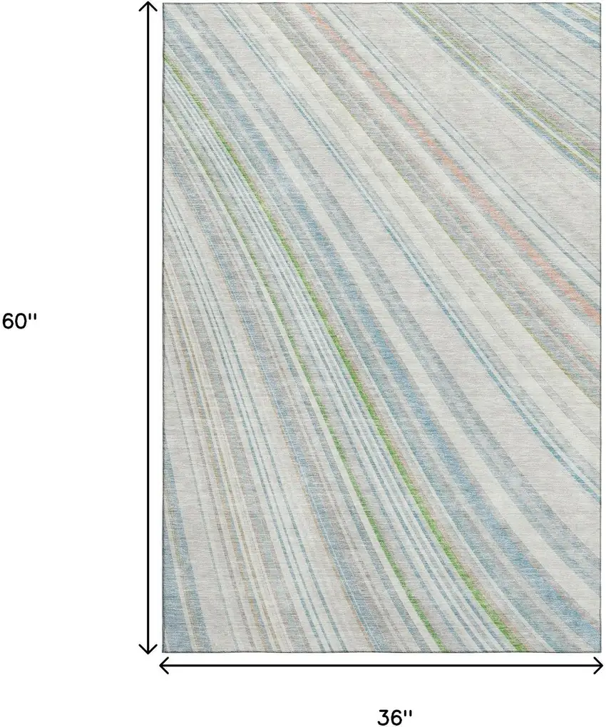 Ivory Green And Beige Striped Washable Area Rug With UV Protection Photo 9