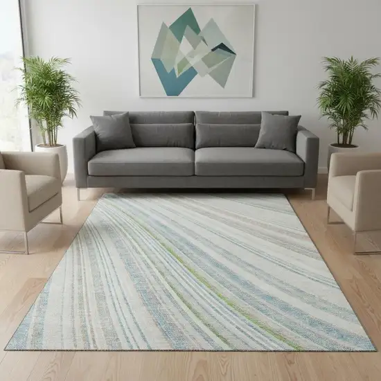 Ivory Green And Beige Striped Washable Area Rug With UV Protection Photo 2