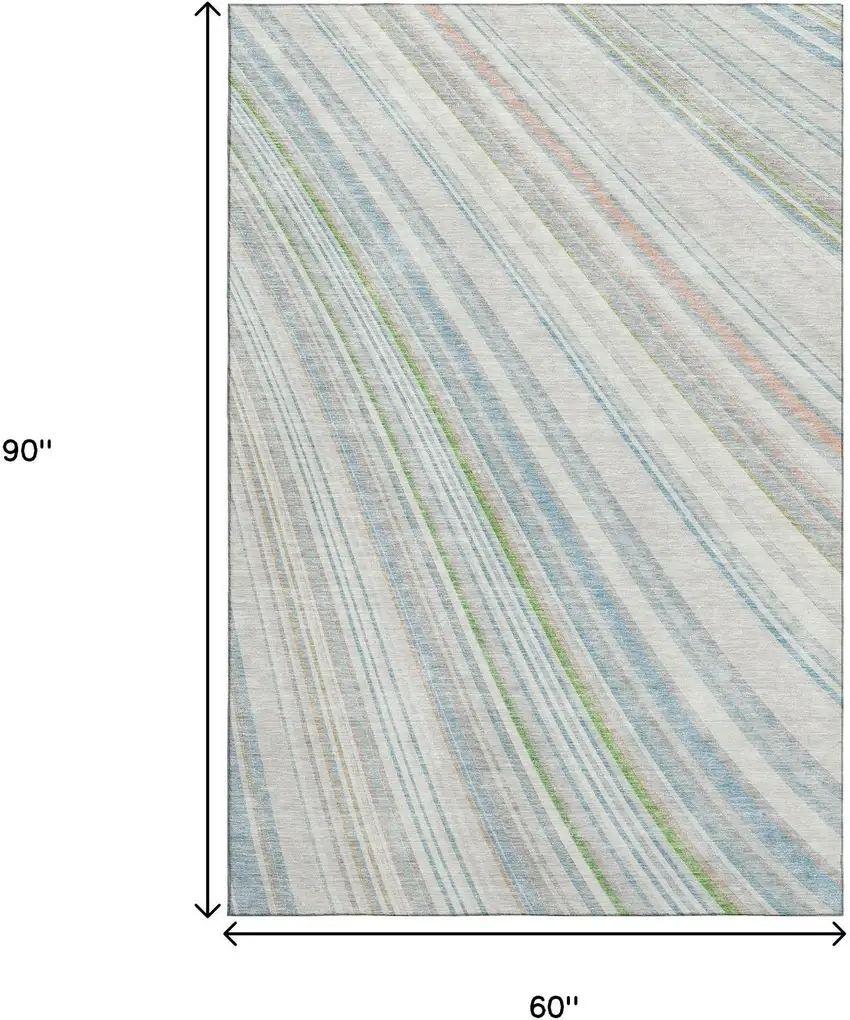 Ivory Green And Beige Striped Washable Area Rug With UV Protection Photo 9