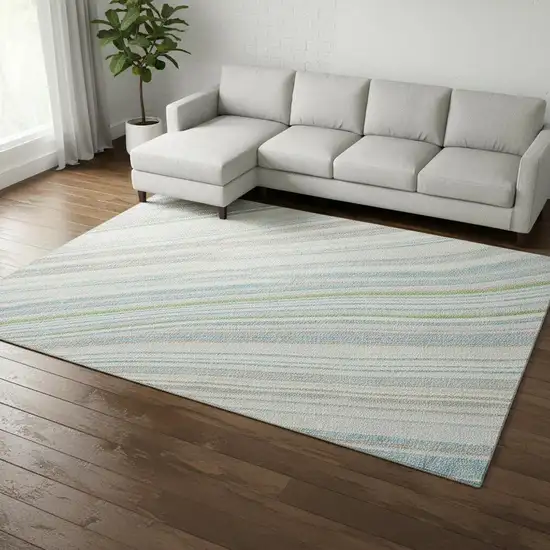 Ivory Green And Beige Striped Washable Area Rug With UV Protection Photo 2