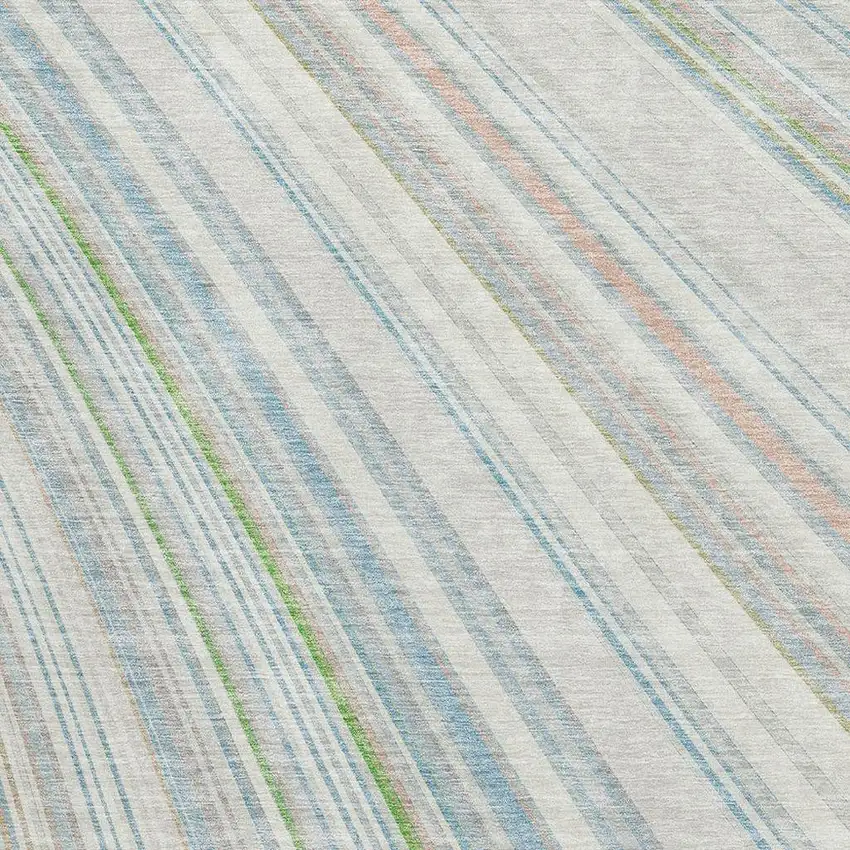 Ivory Green And Beige Striped Washable Area Rug With UV Protection Photo 2