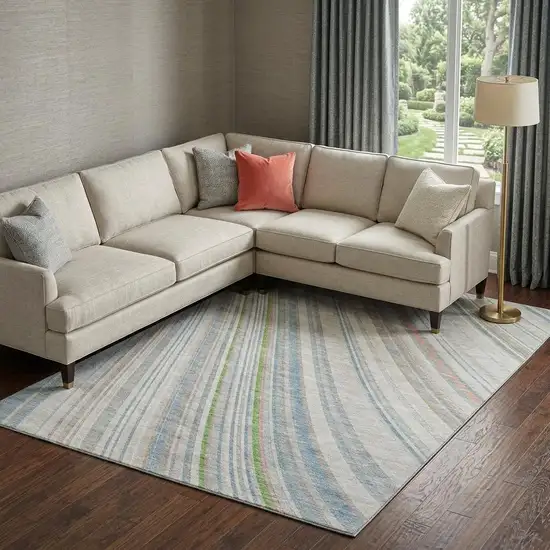 Ivory Green And Beige Striped Washable Area Rug With UV Protection Photo 1
