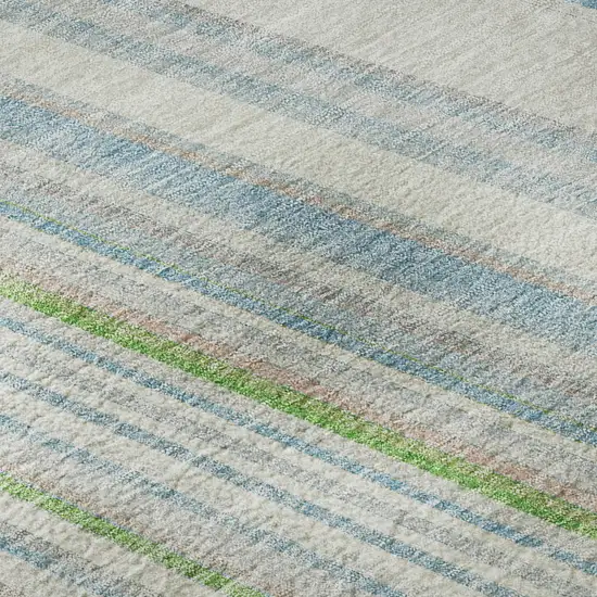 Ivory Green And Beige Striped Washable Area Rug With UV Protection Photo 8
