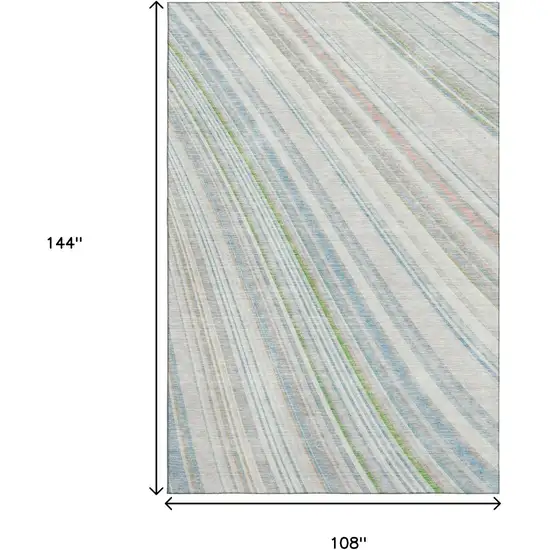 Ivory Green And Beige Striped Washable Area Rug With UV Protection Photo 9