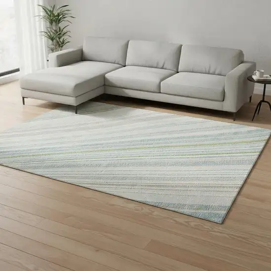 Ivory Green And Beige Striped Washable Area Rug With UV Protection Photo 2