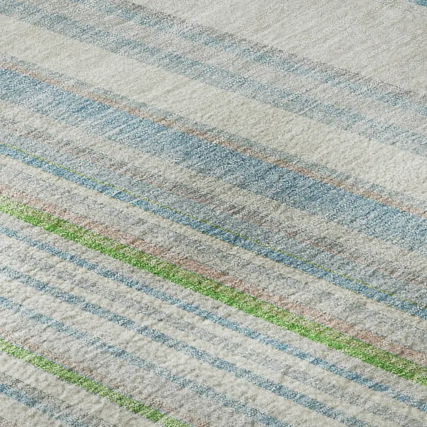 Ivory Green And Beige Striped Washable Area Rug With UV Protection Photo 9