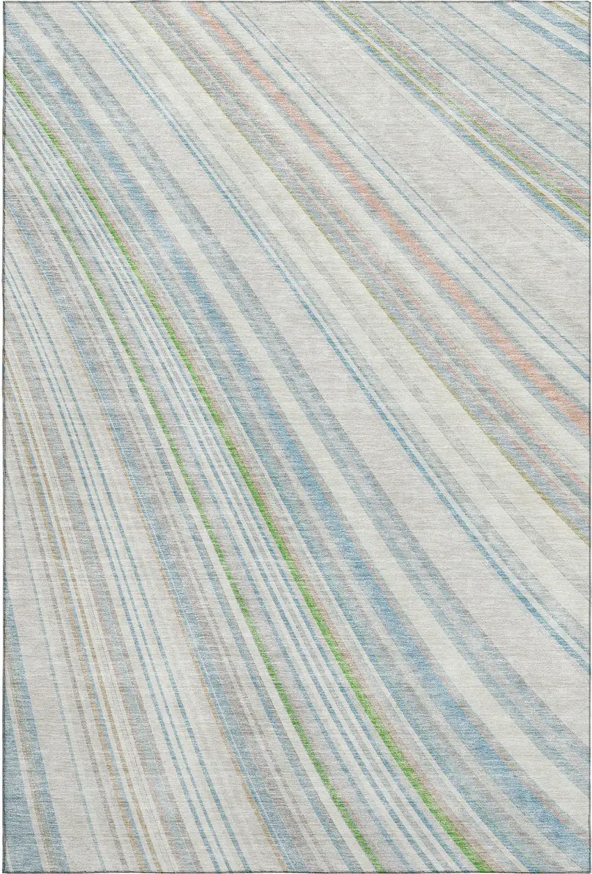 Ivory Green And Beige Striped Washable Area Rug With UV Protection Photo 1