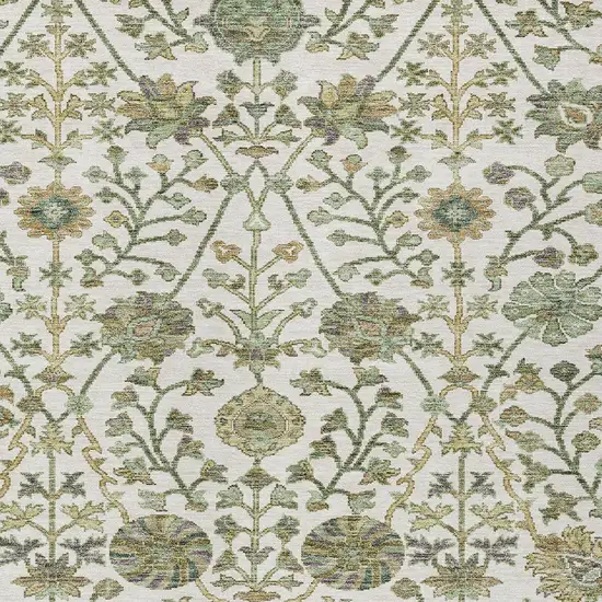 Ivory Green And Brown Floral Washable Indoor Outdoor Area Rug Photo 6