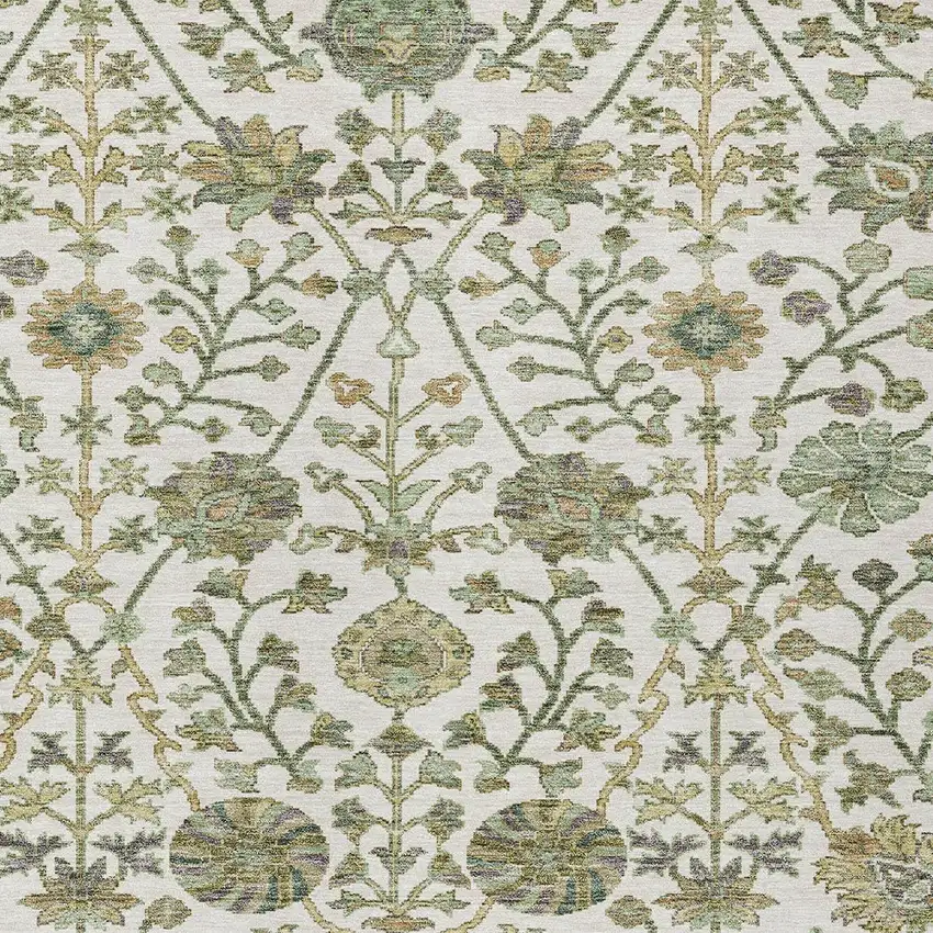 Ivory Green And Brown Floral Washable Indoor Outdoor Area Rug Photo 6
