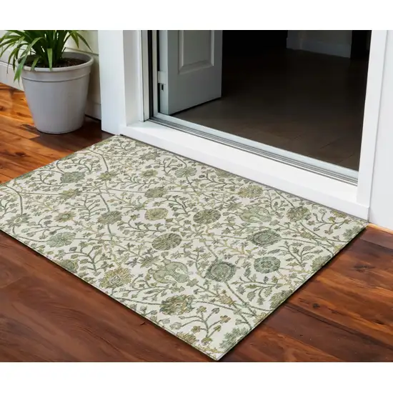 Ivory Green And Brown Floral Washable Indoor Outdoor Area Rug Photo 1