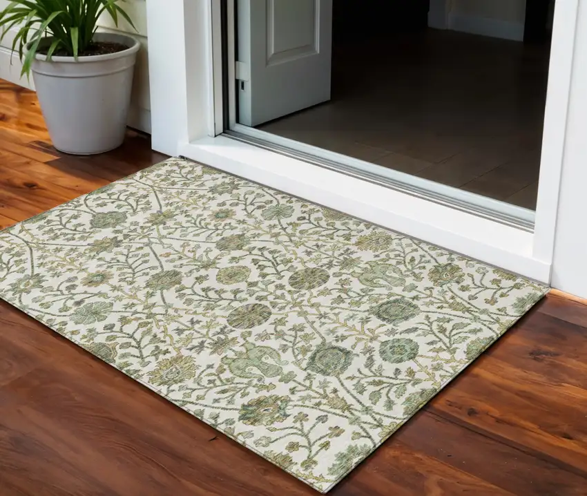 Ivory Green And Brown Floral Washable Indoor Outdoor Area Rug Photo 1