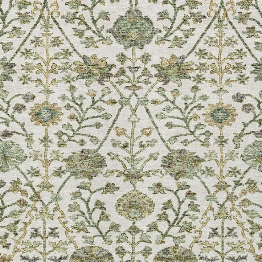 Ivory Green And Brown Floral Washable Indoor Outdoor Area Rug Photo 6
