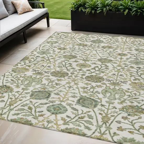 Ivory Green And Brown Floral Washable Indoor Outdoor Area Rug Photo 1