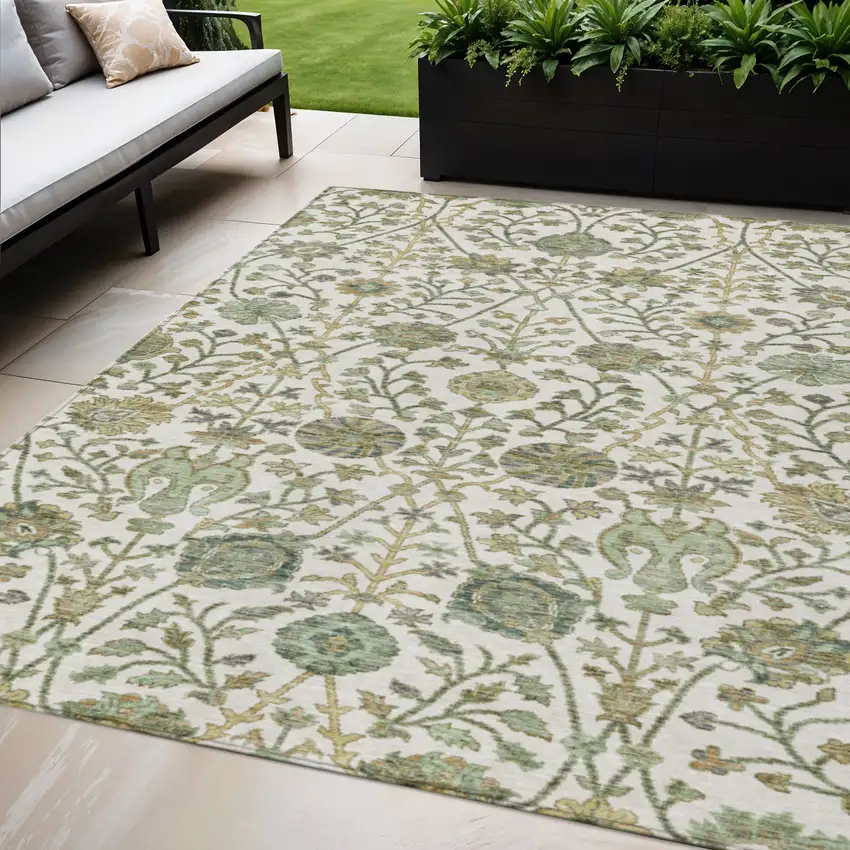 Ivory Green And Brown Floral Washable Indoor Outdoor Area Rug Photo 1