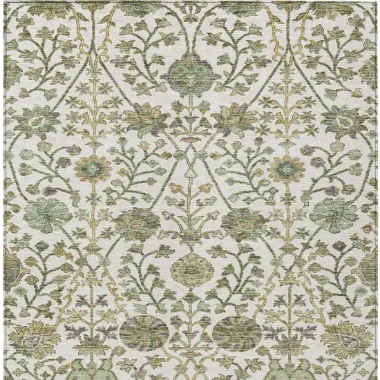 Ivory Green And Brown Floral Washable Indoor Outdoor Area Rug Photo 7