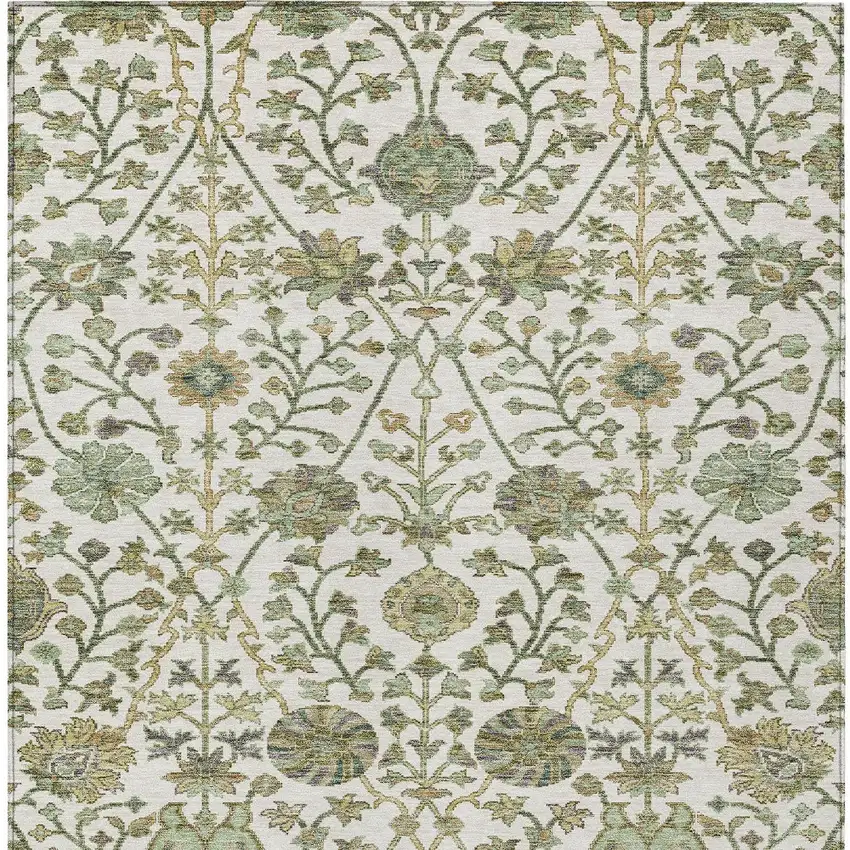 Ivory Green And Brown Floral Washable Indoor Outdoor Area Rug Photo 7