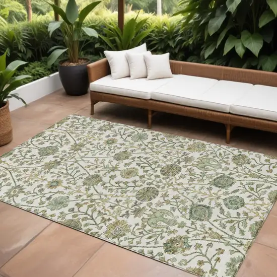 Ivory Green And Brown Floral Washable Indoor Outdoor Area Rug Photo 1