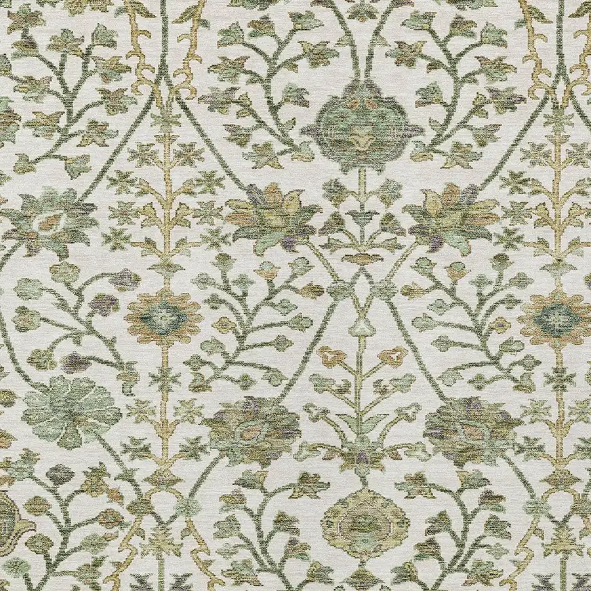Ivory Green And Brown Floral Washable Indoor Outdoor Area Rug Photo 6