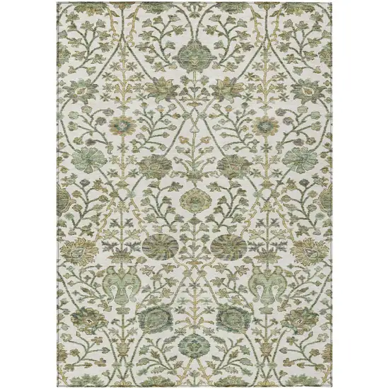 Ivory Green And Brown Floral Washable Indoor Outdoor Area Rug Photo 2