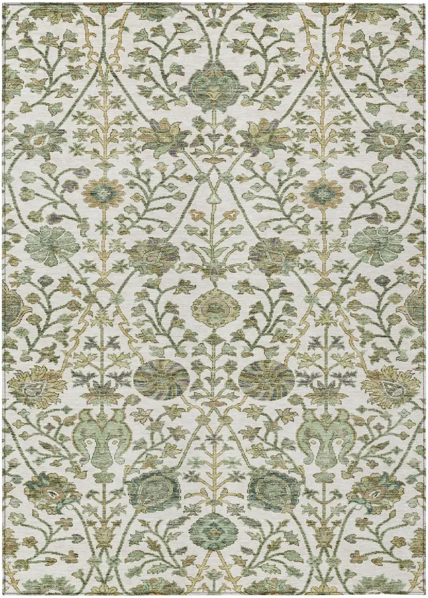 Ivory Green And Brown Floral Washable Indoor Outdoor Area Rug Photo 2