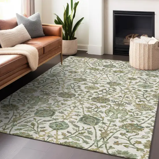 Ivory Green And Brown Floral Washable Indoor Outdoor Area Rug Photo 9