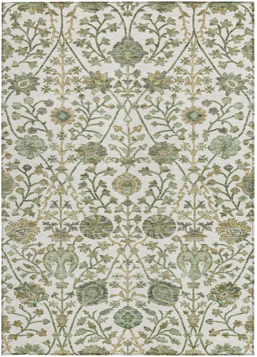 Ivory Green And Brown Floral Washable Indoor Outdoor Area Rug Photo 7