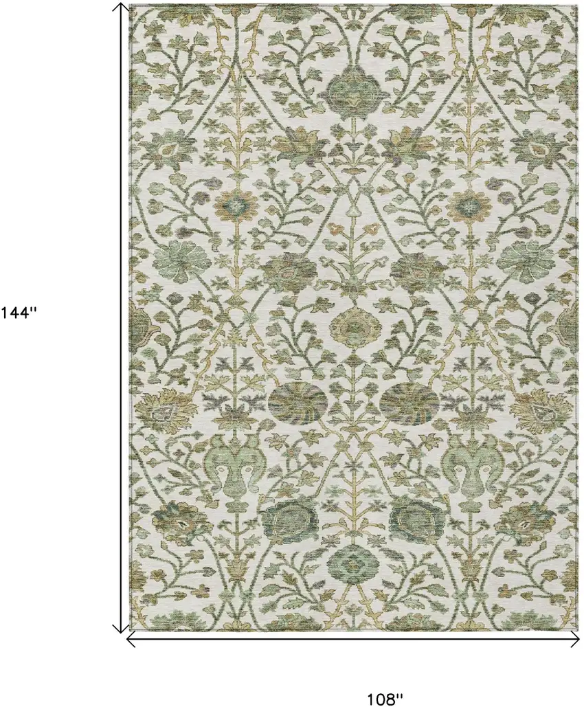 Ivory Green And Brown Floral Washable Indoor Outdoor Area Rug Photo 8