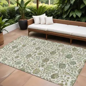 Photo of Ivory Green And Brown Floral Washable Indoor Outdoor Area Rug