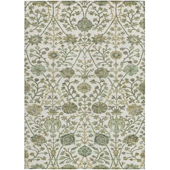Ivory Green And Brown Floral Washable Indoor Outdoor Area Rug Photo 7