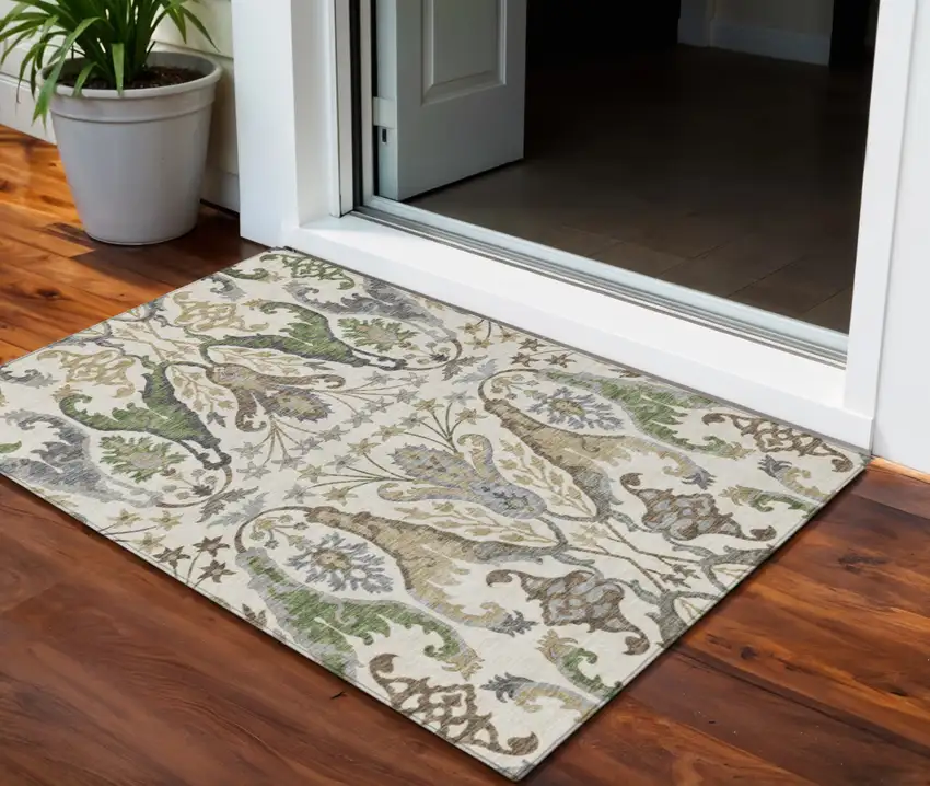 Ivory Green And Brown Floral Washable Indoor Outdoor Area Rug Photo 1