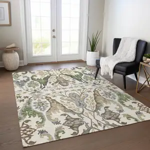 Photo of Ivory Green And Brown Floral Washable Indoor Outdoor Area Rug