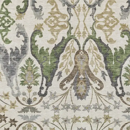 Ivory Green And Brown Floral Washable Indoor Outdoor Area Rug Photo 5