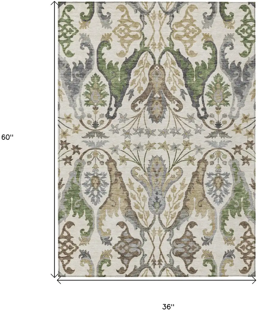 Ivory Green And Brown Floral Washable Indoor Outdoor Area Rug Photo 8