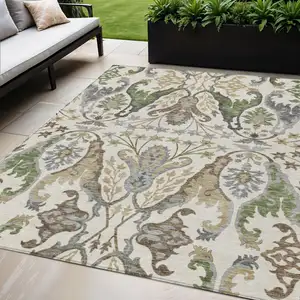 Photo of Ivory Green And Brown Floral Washable Indoor Outdoor Area Rug