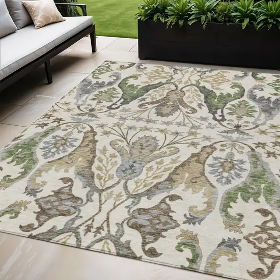 Ivory Green And Brown Floral Washable Indoor Outdoor Area Rug Photo 1