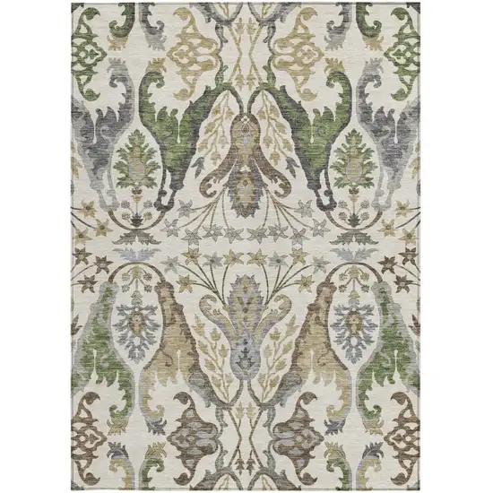 Ivory Green And Brown Floral Washable Indoor Outdoor Area Rug Photo 7