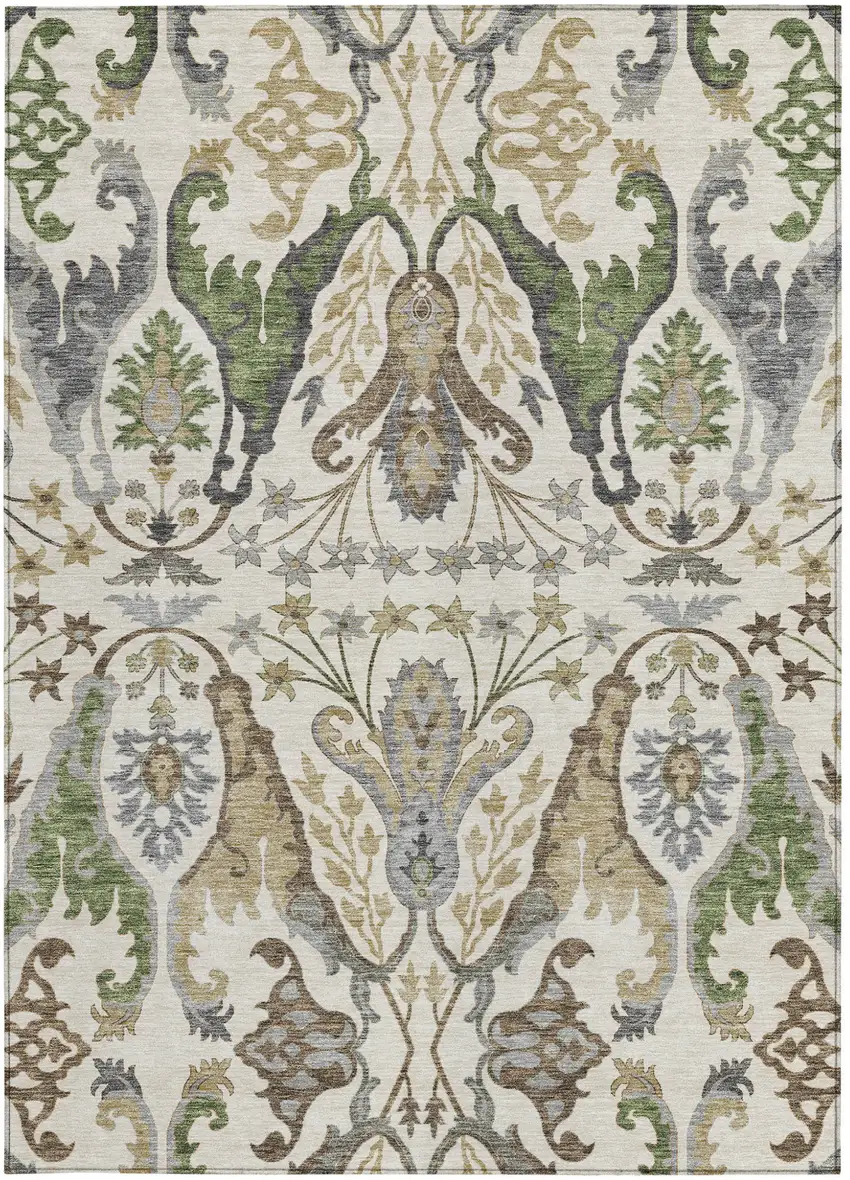 Ivory Green And Brown Floral Washable Indoor Outdoor Area Rug Photo 7