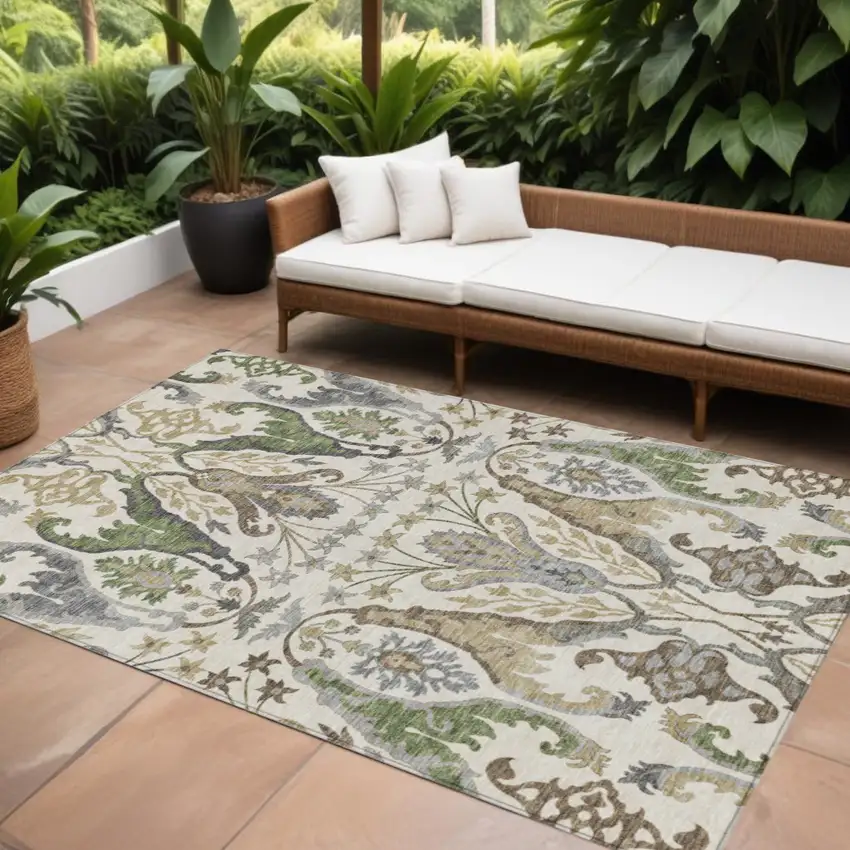 Ivory Green And Brown Floral Washable Indoor Outdoor Area Rug Photo 1
