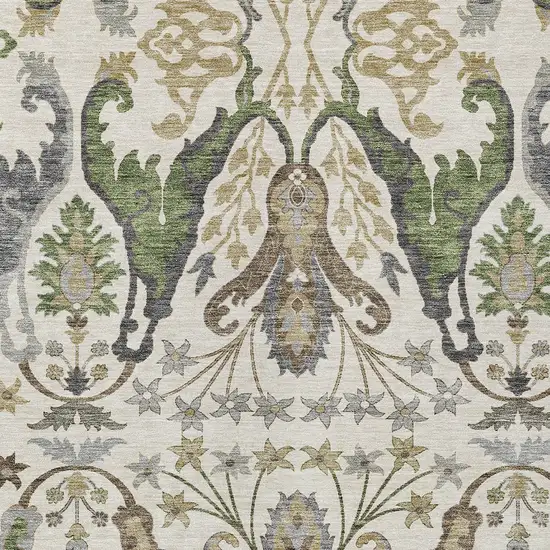 Ivory Green And Brown Floral Washable Indoor Outdoor Area Rug Photo 5