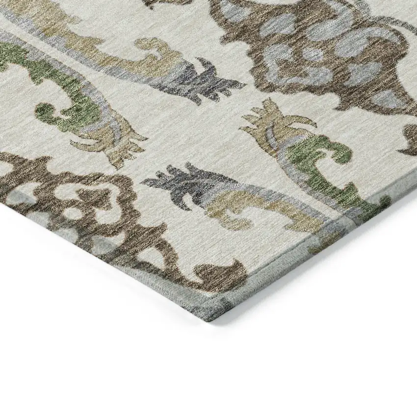Ivory Green And Brown Floral Washable Indoor Outdoor Area Rug Photo 4