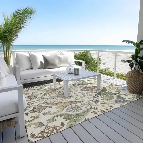 Ivory Green And Brown Floral Washable Indoor Outdoor Area Rug Photo 8