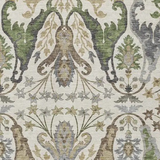 Ivory Green And Brown Floral Washable Indoor Outdoor Area Rug Photo 5