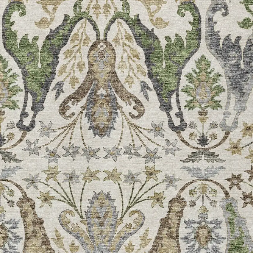 Ivory Green And Brown Floral Washable Indoor Outdoor Area Rug Photo 5