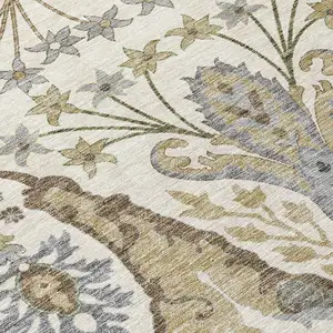 Photo of Ivory Green And Brown Floral Washable Indoor Outdoor Area Rug