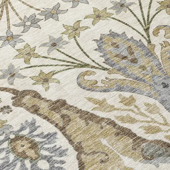 Ivory Green And Brown Floral Washable Indoor Outdoor Area Rug Photo 6